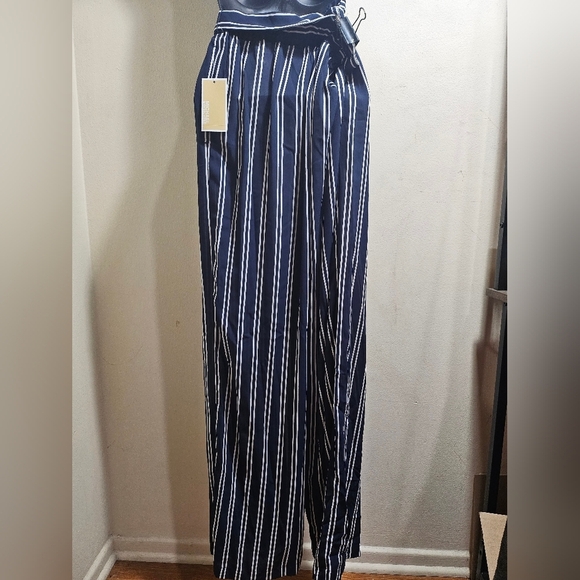 NWT Michael Kors Navy Blue White Stripe Wide Leg Pants with Belt Medium - Picture 5 of 11
